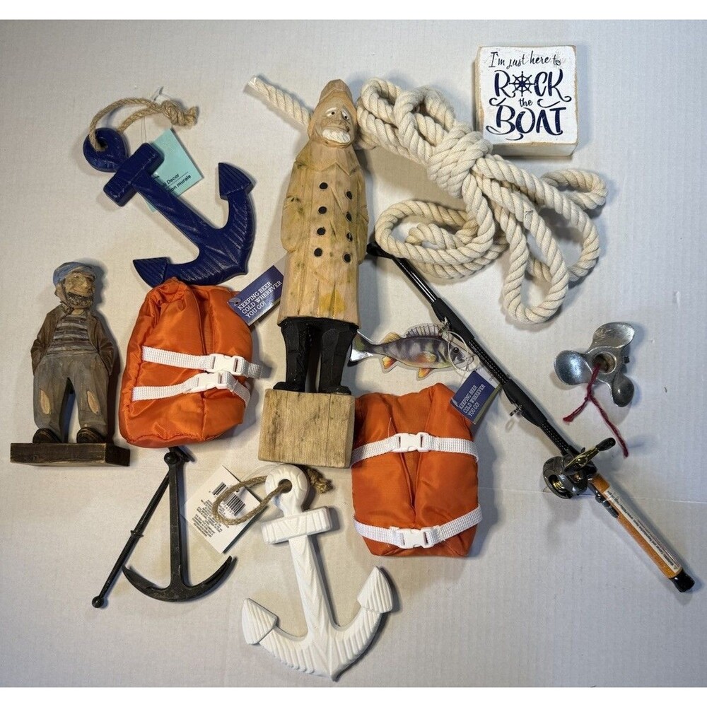 Nautical Decor Lot 13 Pieces Handmade Carved Sailors Anchor Rope Fishing Pole